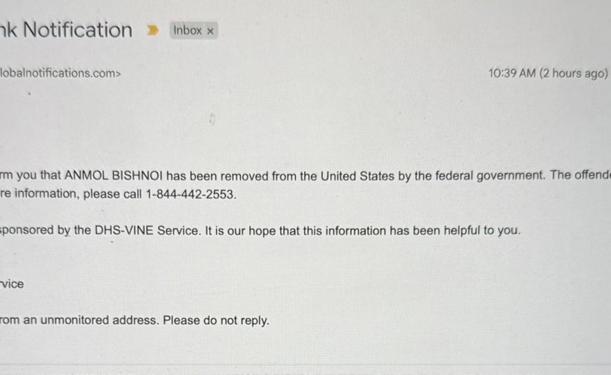 Screenshot of the email from the US Homeland Security confirming Anmol Bishnois deportation
