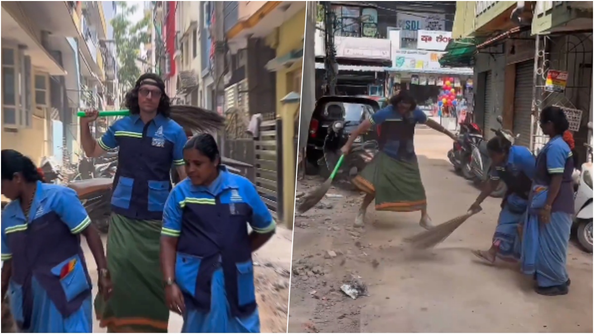 लुंगी पहन, हाथ में झाड़ू लेकर बेंगलुरु में सफाई करता दिखा अमेरिकी शख्स, वायरल हो रहा ये मजेदार वीडियो