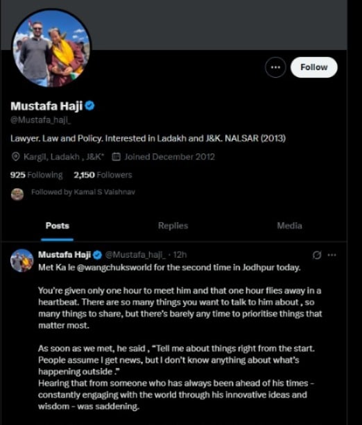 सोनम वांगचुक से उनके वकील मुस्तफा हाजी ने मुलाकत की. सोनम वांगचुक से उनके वकील मुस्तफा हाजी ने मुलाकत की.