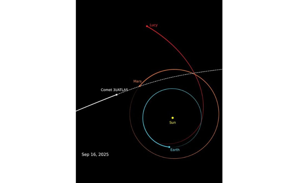 A diagram showing Lucy spacecraft on the opposite side of the Sun from Earth, with comet and Mars positioned between the spacecraft and the Sun. A diagram showing Lucy spacecraft on the opposite side of the Sun from Earth, with comet and Mars positioned between the spacecraft and the Sun.