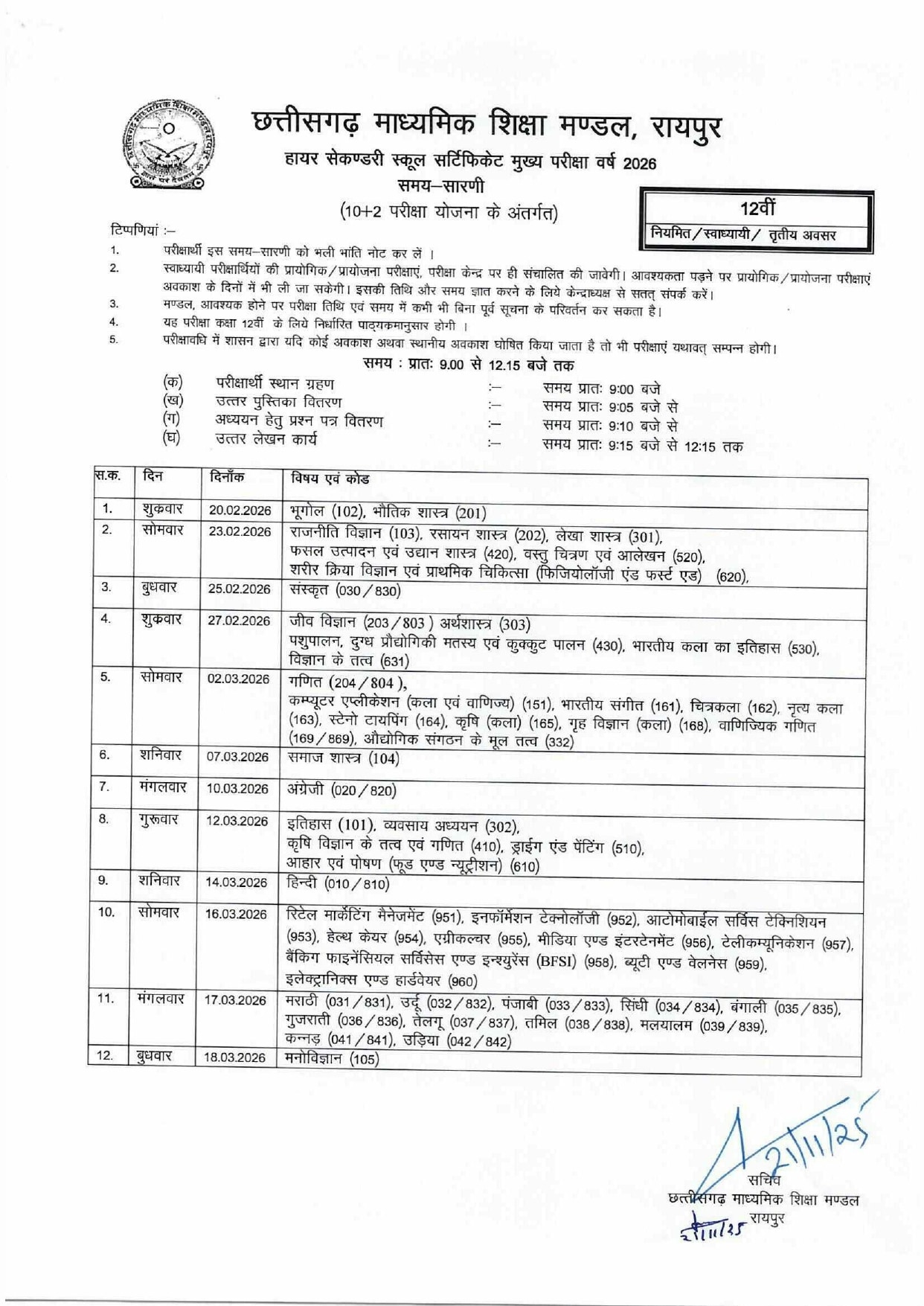 CGBSE Board Exam 2025 Time Table CGBSE Board Exam 2025 Time Table