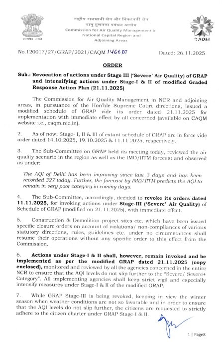 दिल्ली की हवा में सुधार के बाद GRAP-3 हटाने संबंधी जारी आदेश.