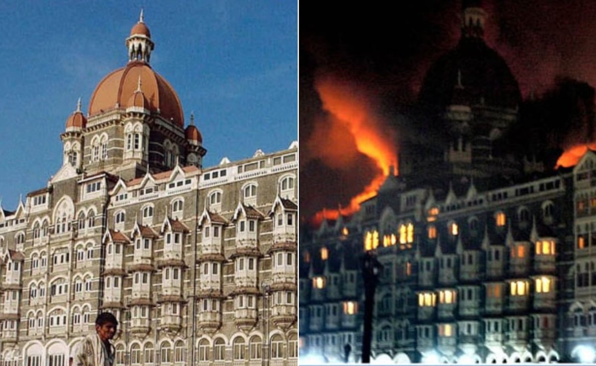 The images are juxtaposed to show the before and after of the Taj Mahal Palace.