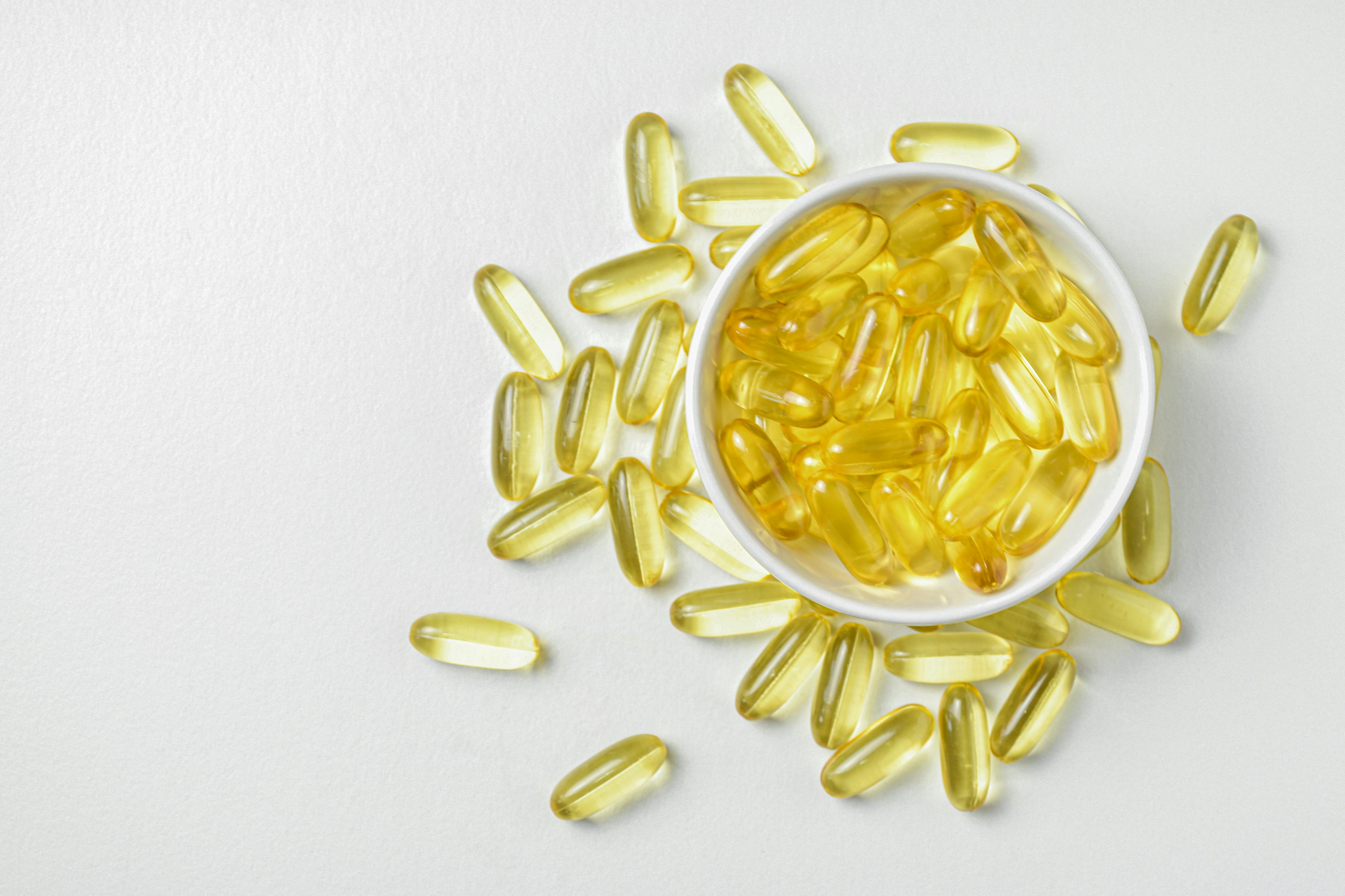 Vitamin D3 supplement capsules for heart attack prevention.