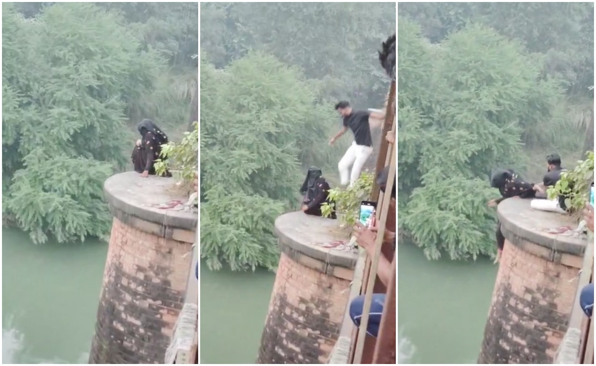 VIDEO: लड़की ने पुल से लगा दी छलांग, तभी लड़के ने थाम लिया हाथ... यूपी में फिल्‍मी अंदाज में बचाई जान