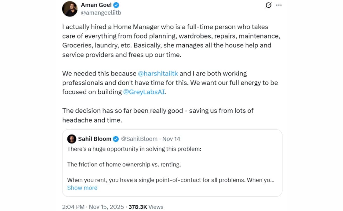 We pay them Rs 1 lakh a month. Expensive? Probably yes. Photo: Aman Goel/X We pay them Rs 1 lakh a month. Expensive? Probably yes. Photo: Aman Goel/X