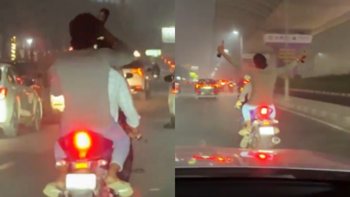 गुरुग्राम में बीच सड़क शराबियों का स्टंट, चलती बाइक पर खुलेआम बोतलें लहराते दिखे युवक, वीडियो वायरल