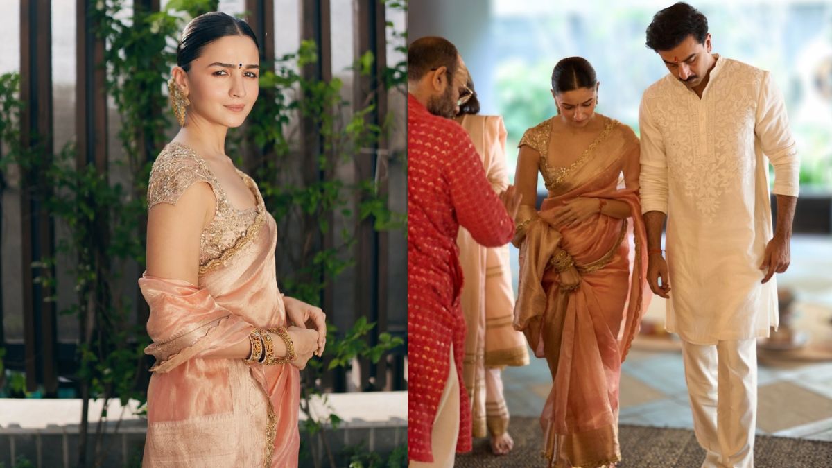 Alia Bhatt Exudes 'Old-World' Grace In A Manish Malhotra Tissue Saree For <i>Griha Pravesh Puja</i>