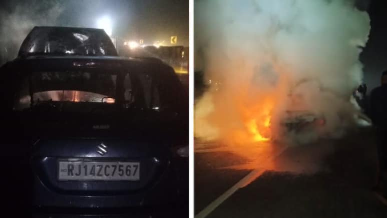 अजमेर: हाईवे पर चलती कार बनी आग का गोला, ड्राइवर ने कूदकर बचाई जान