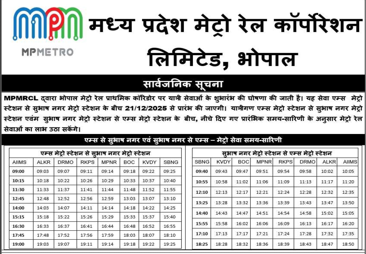 Bhopal Metro Rail Time Table: ऐसी है टाइमिंग Bhopal Metro Rail Time Table: ऐसी है टाइमिंग