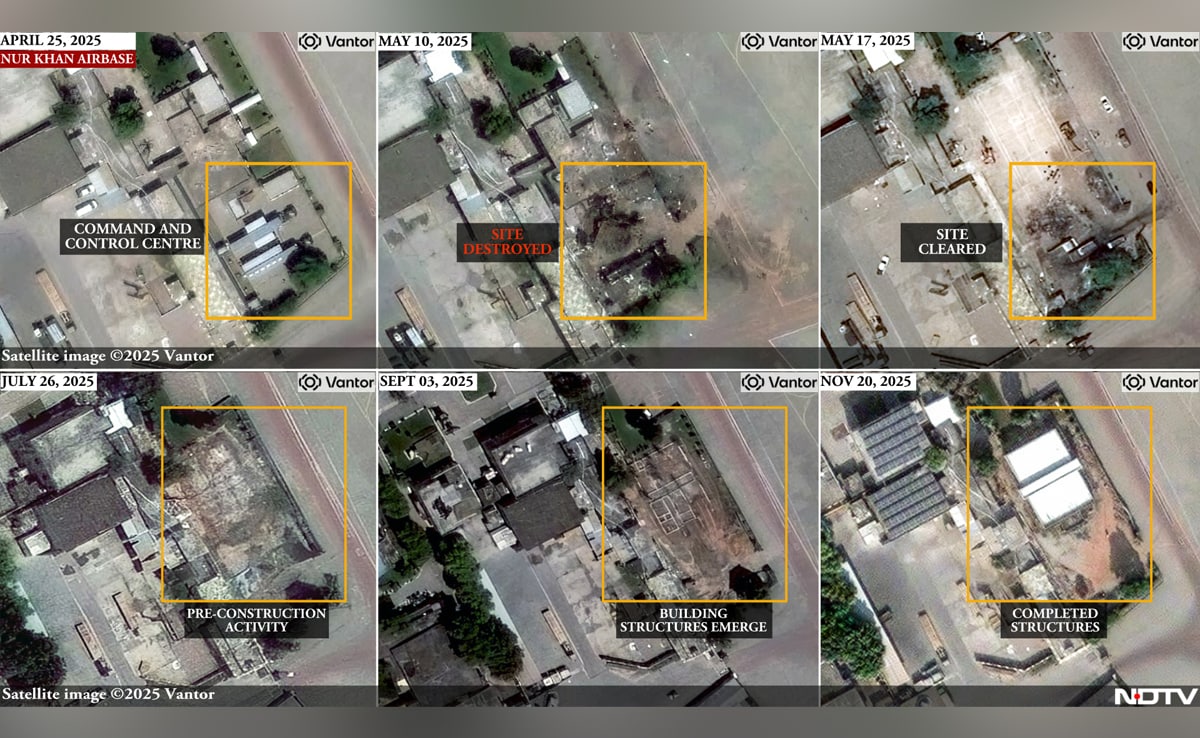 A sequence of events from April 25, 2025, to November 20, 2025, of Pakistans Nur Khan Airbase. The first image shows two special purpose vehicles (SPVs) which were destroyed on May 10. The site has since been cleared with two completed structures now visible in satellite images. A sequence of events from April 25, 2025, to November 20, 2025, of Pakistans Nur Khan Airbase. The first image shows two special purpose vehicles (SPVs) which were destroyed on May 10. The site has since been cleared with two completed structures now visible in satellite images.