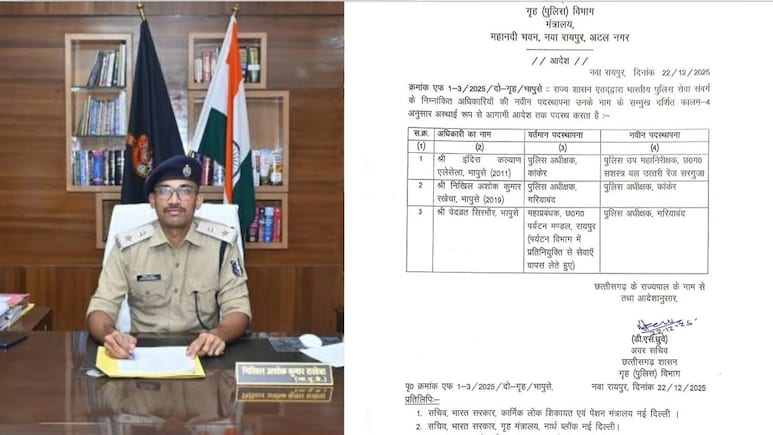 IPS Transfer: तीन आईपीएस अफसरों व राज्य पुलिस सेवा के अफसरों का तबादला, नक्सल उन्मूलन के हीरो IPS निखिल रखेचा बने कांकेर के नए कप्तान