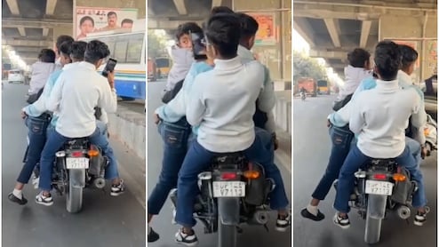 VIDEO: 1 बाइक पर 5 सवार, जगह कम पड़ी तो फुटरेस्ट पर लटक गया युवक; UP पुलिस ने काटा 31000 का चालान
