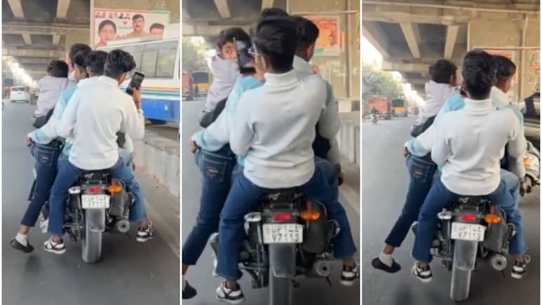 VIDEO: 1 बाइक पर 5 सवार, जगह कम पड़ी तो फुटरेस्ट पर लटक गया युवक; UP पुलिस ने काटा 31000 का चालान