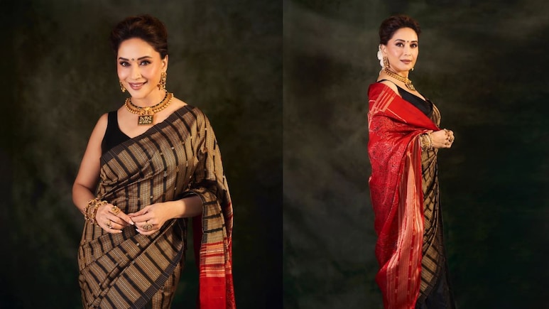 Madhuri Dixit Carries 'Quiet Grace' In A Mustard-Black Sonepuri Silk Saree