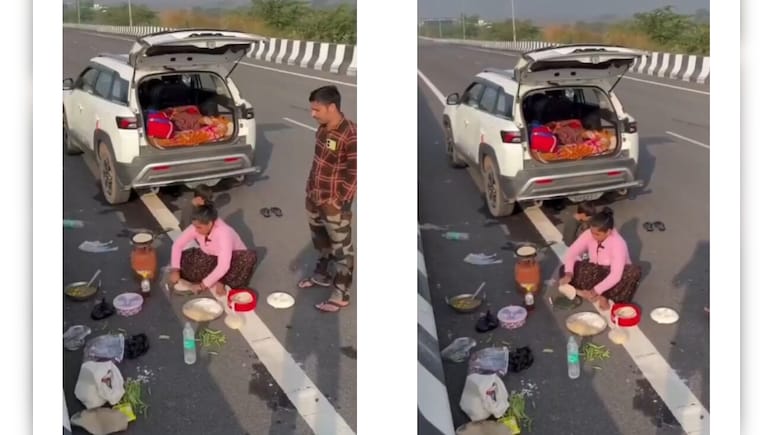 हाइवे पर कार रोक खाना बनाने लगी आंटी, रोटियां सेंकते हुए कही ऐसी बात, लोगों ने पकड़ लिया माथा