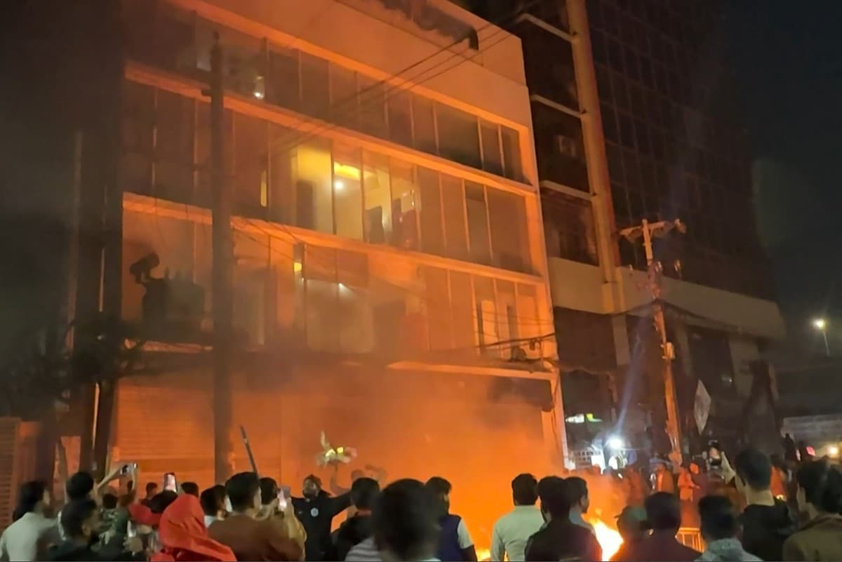 Fire burns outside the Prothom Alo office 