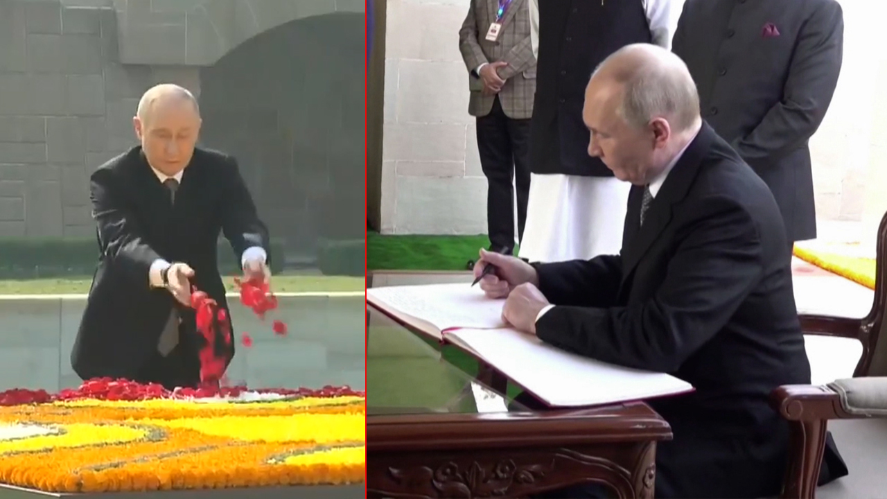 Vladimir Putin Pays Tribute To Mahatma Gandhi At Rajghat, Signs Visitors' Book