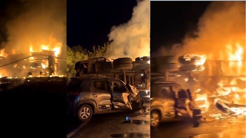 पुलिया से टकराकर आग के गोले में बदला ट्रक, पीछे से कार भी जा घुसी, राहगीरों ने बड़ी मुश्किल से बचाई यात्रियों की जान