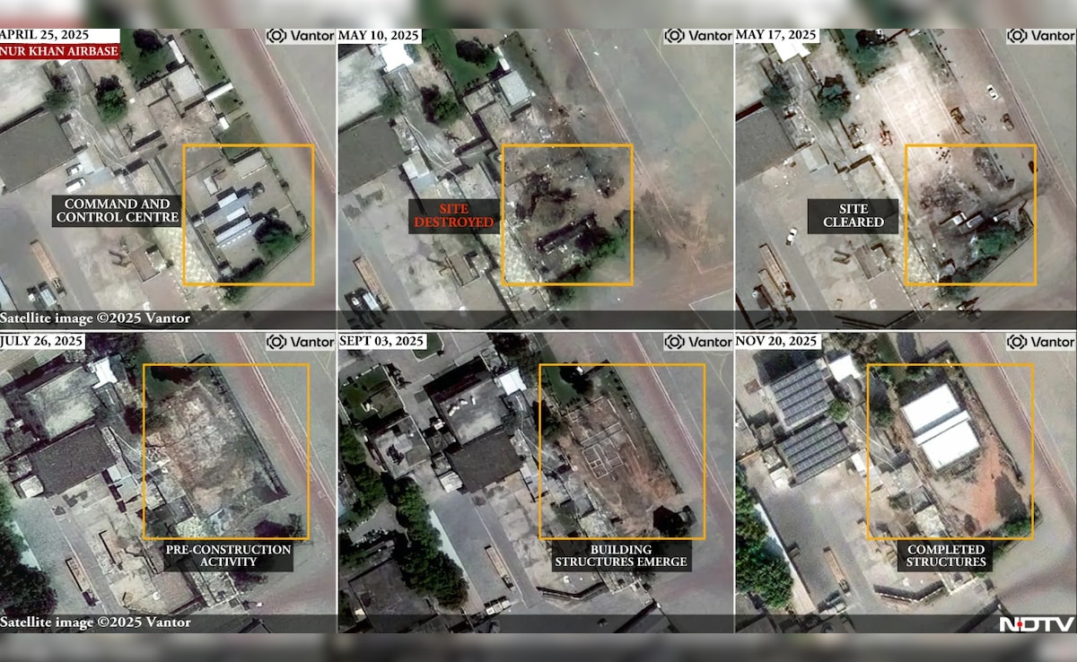 पाकिस्तान के नूर खान एयरबेस पर 25 अप्रैल 2025 से 20 नवंबर 2025 तक की गतिविधियों को इस तस्वीर में दिखाया गया है. पहली तस्वीर में दो स्पेशल पर्पज व्हीकल (SPV) दिख रहे हैं, जिन्हें 10 मई को भारतीय वायुसेना ने नष्ट कर दिया था. बाद की तस्वीरों में इस एयर बेस से मलबे को साफ कर दिया गया है और सैटेलाइट तस्वीरों में अब दो नए स्ट्रक्चर दिखाई दे रहे हैं.