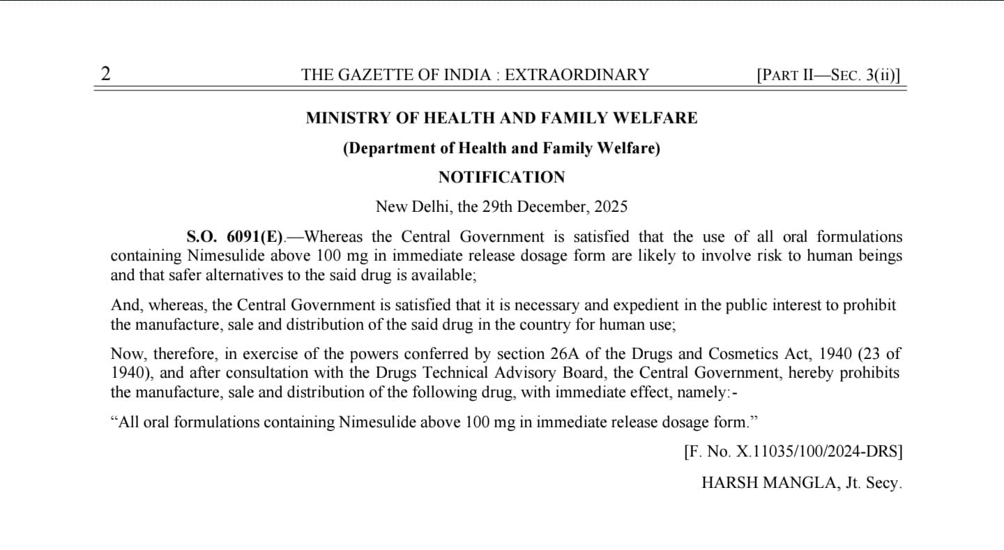 केंद्र सरकार ने नाइमेसुलाइड दवा पर बैन को लेकर नोटिफिकेशन जारी किया है.
