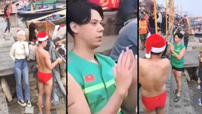 गंगा में स्विमसूट पहन नहा रहा था जापानी, लोकल लोगों की नाराजगी देख हाथ जोड़कर मांगी माफी
