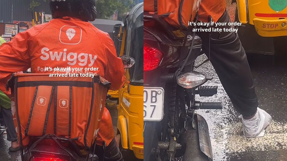 Watch: Swiggy Delivery Rider Navigates Heavy Rain To Deliver Food, Internet Reacts