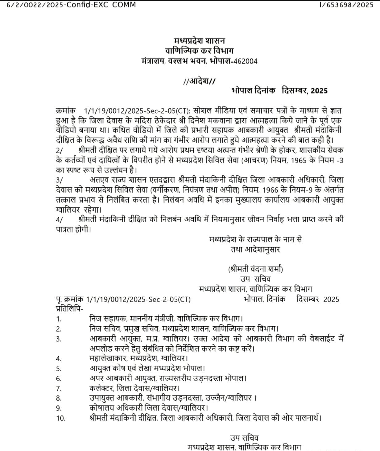 Liquor Contractor Suicide Case: आबकारी अधिकारी निलंबित