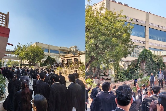 बम की धमकी के बाद परिसर में मौजूद वकील और कर्मचारी बम की धमकी के बाद परिसर में मौजूद वकील और कर्मचारी