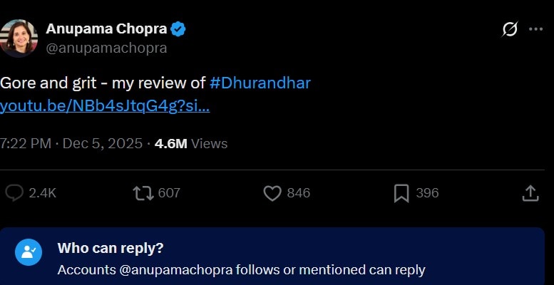 Anupama Chopra has also disabled comments on her X. Anupama Chopra has also disabled comments on her X.