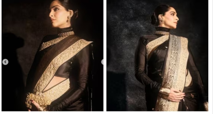 स्वदेश इवेंट में सोनम कपूर ने फ्लॉन्ट किया बेबी बंप, काली बनारसी साड़ी और टर्टल नेक ब्लाउज में दिखा ग्लैमरस अंदाज