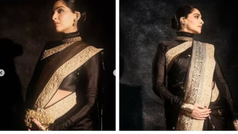 स्वदेश इवेंट में सोनम कपूर ने फ्लॉन्ट किया बेबी बंप, काली बनारसी साड़ी और टर्टल नेक ब्लाउज में दिखा ग्लैमरस अंदाज