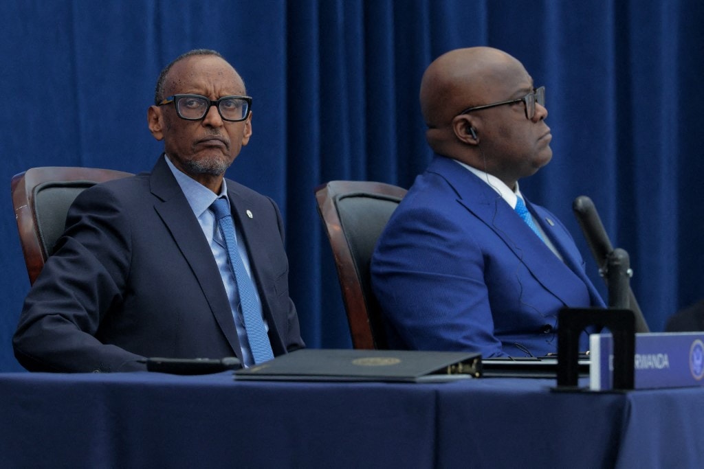 Rwandan President Paul Kagame and Democratic Republic of Congo President Felix Tshisekedi attend a peace accord signing ceremony at the Donald J. Trump Institute of Peace Rwandan President Paul Kagame and Democratic Republic of Congo President Felix Tshisekedi attend a peace accord signing ceremony at the Donald J. Trump Institute of Peace