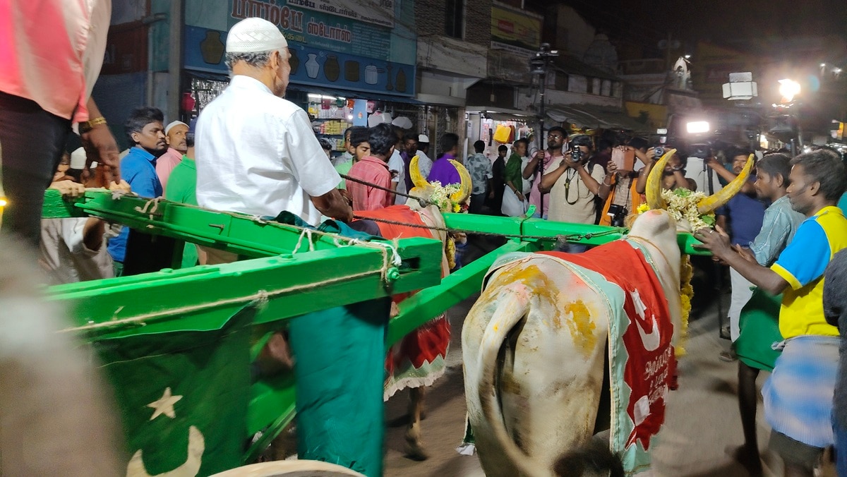 The decorated mosque chariot for the Santhanakoodu festival is pulled by bulls traditionally provided by a Hindu family.