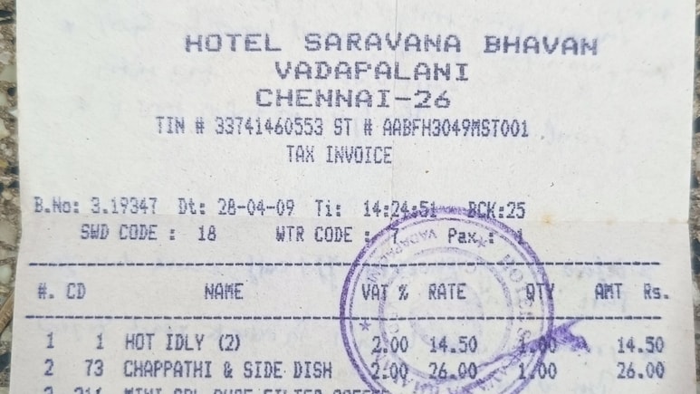 Saravana Bhavan Bill From 2009 Goes Viral: Three Items Cost Just Rs 50