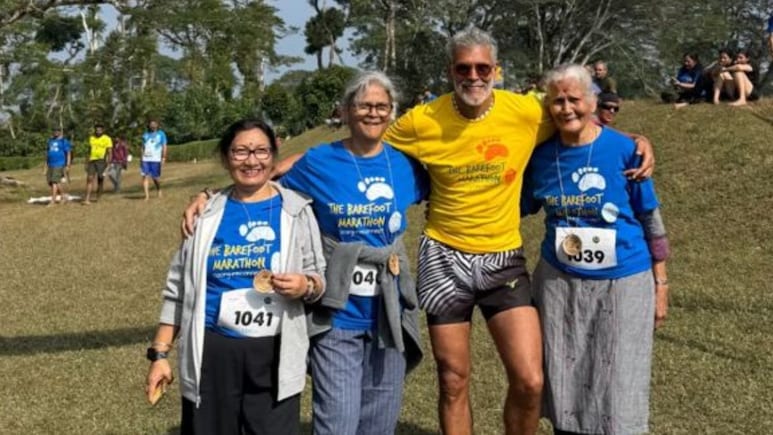 Milind Soman Completes Barefoot Marathon In Coorg With Wife Ankita Konwar And Mother Usha