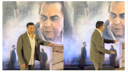 'इक्कीस' की स्क्रीनिंग पर इमोशनल दिखे सनी देओल, पिता धर्मेंद्र के पोस्टर के साथ पोज दिए पोज