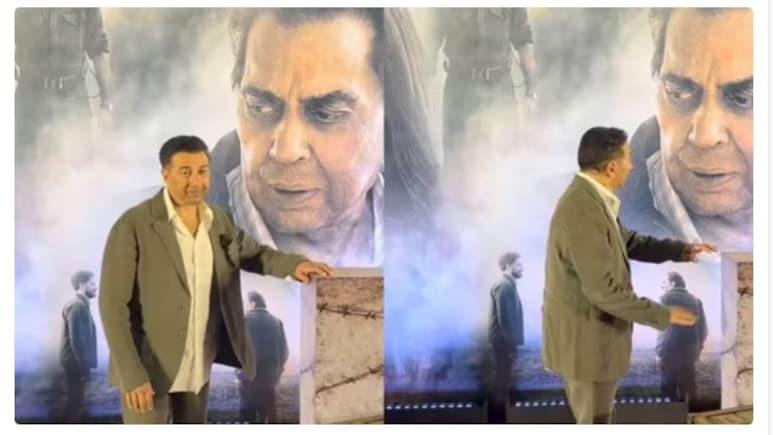 'इक्कीस' की स्क्रीनिंग पर इमोशनल दिखे सनी देओल, पिता धर्मेंद्र के पोस्टर के साथ पोज दिए पोज