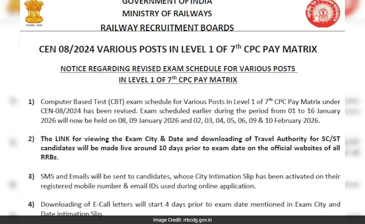 RRB Group D New Exam Schedule Released, Begins January 8, Check Details Here