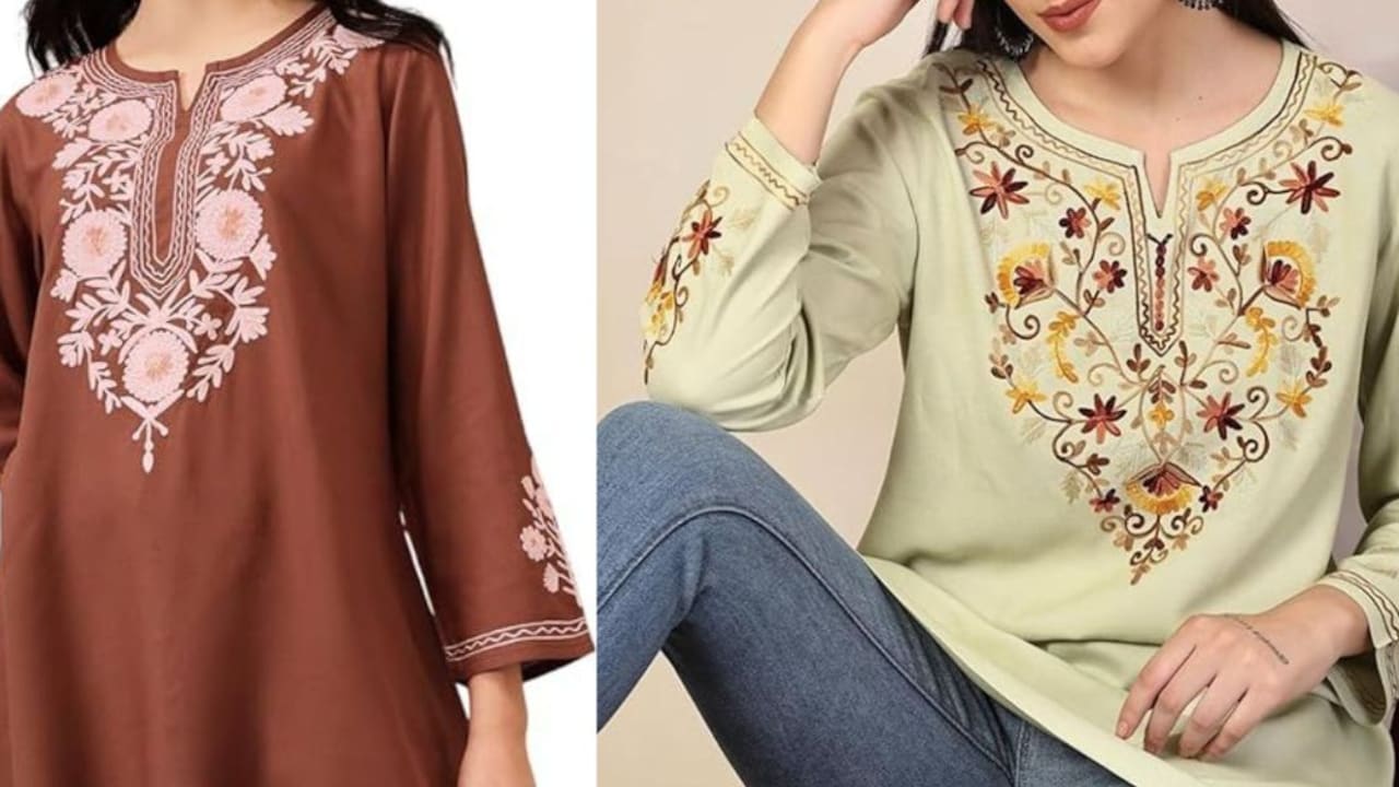 Explore the elegant Kashmiri kurti sets featuring Aari and Zari embroidery on Myntra Explore the elegant Kashmiri kurti sets featuring Aari and Zari embroidery on Myntra
