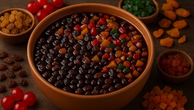Fruits are soaked in advance for plum cake