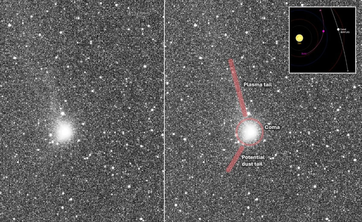 At the centre of the image is a larger, bright white blob with a faint white line stretching towards the top of the frame. At the centre of the image is a larger, bright white blob with a faint white line stretching towards the top of the frame.