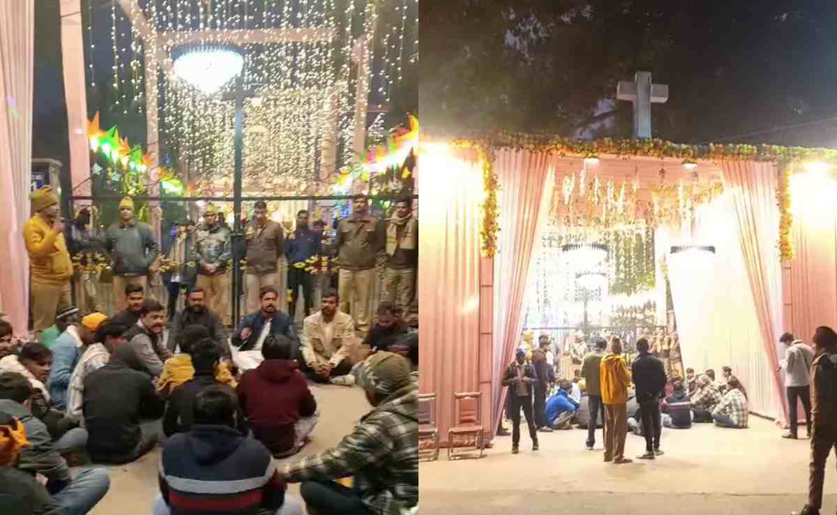 बरेली के चर्च के बाहर बजरंग दल का भारी विरोध, गेट पर बैठकर किया हनुमान चालीसा का पाठ