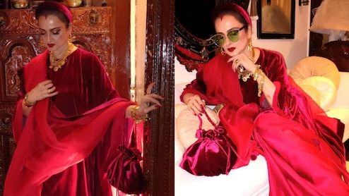 Rekha Pairs A Manish Malhotra Saree With Velvet Tunic And Batwa For Christmas
