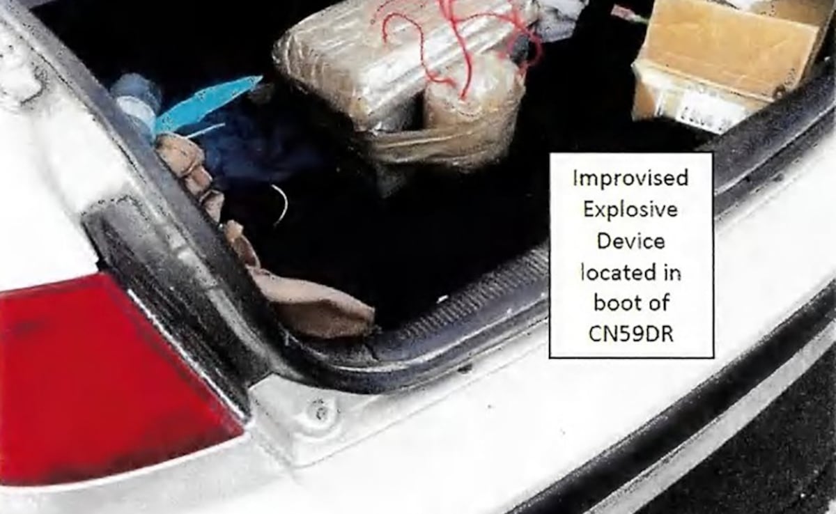 Photo of boot of Naveed Akrams car with what appears to be an improvised explosive device (IED)