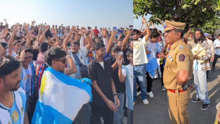 VIDEO Viral: मेस्सी फॅन्सची 'हटके स्टाईल'! एका सुरात घोषणाबाजी, मुंबई पोलिसांच्या चेहऱ्यावरही फुललं हसू