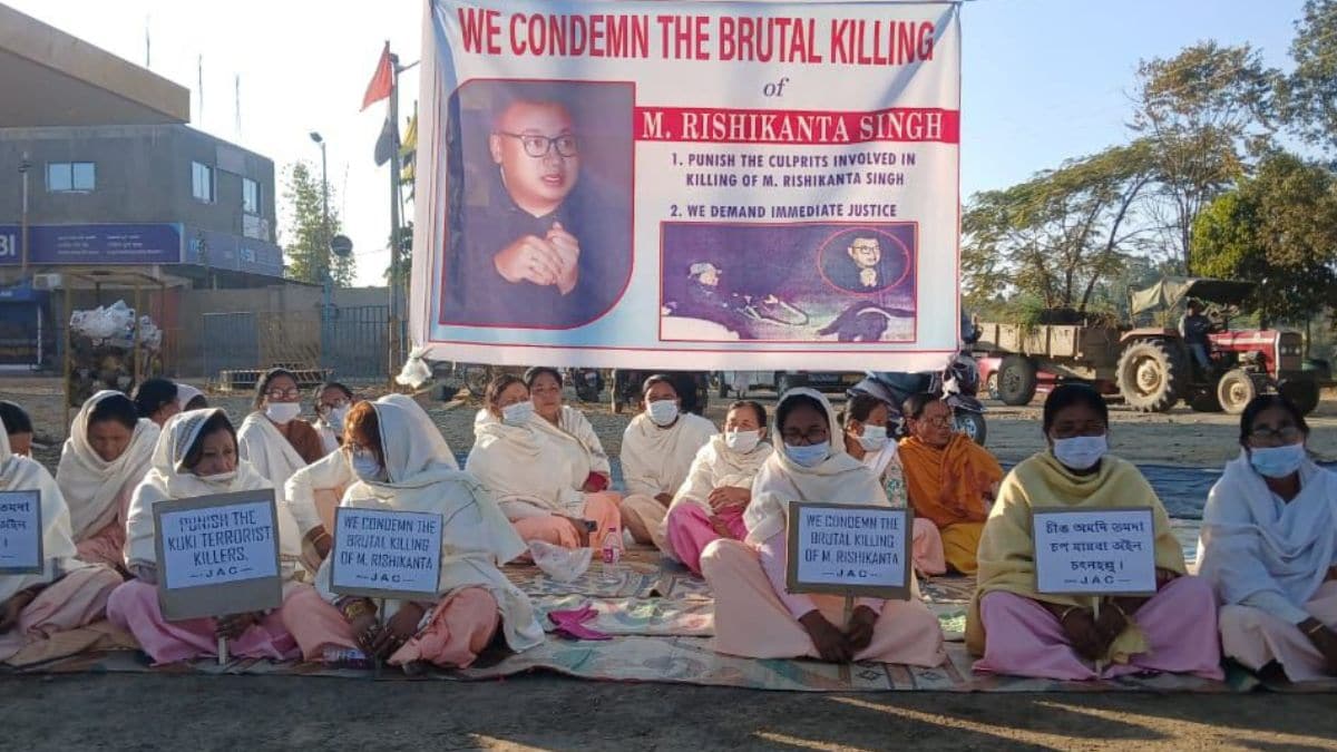 Protest in Manipur seeking justice for M Rishikanta Singh, who was killed on camera by suspected Kuki insurgents as per the police complaint Protest in Manipur seeking justice for M Rishikanta Singh, who was killed on camera by suspected Kuki insurgents as per the police complaint