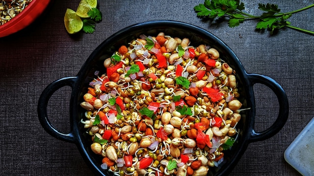 A quick chaat made with boiled moong sprouts, tomatoes, onions, can be filling option