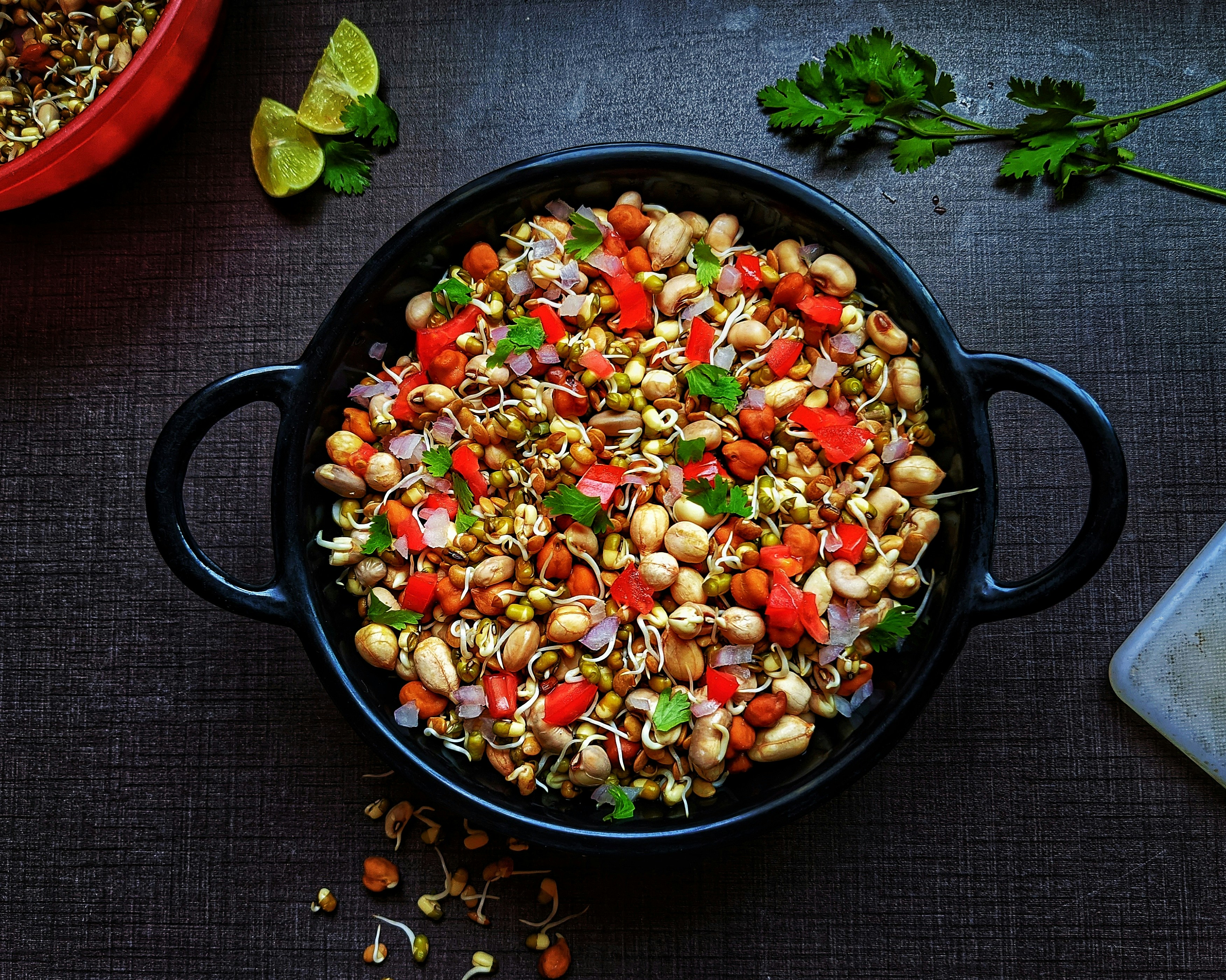 A quick chaat made with boiled moong sprouts, tomatoes, onions, can be filling option