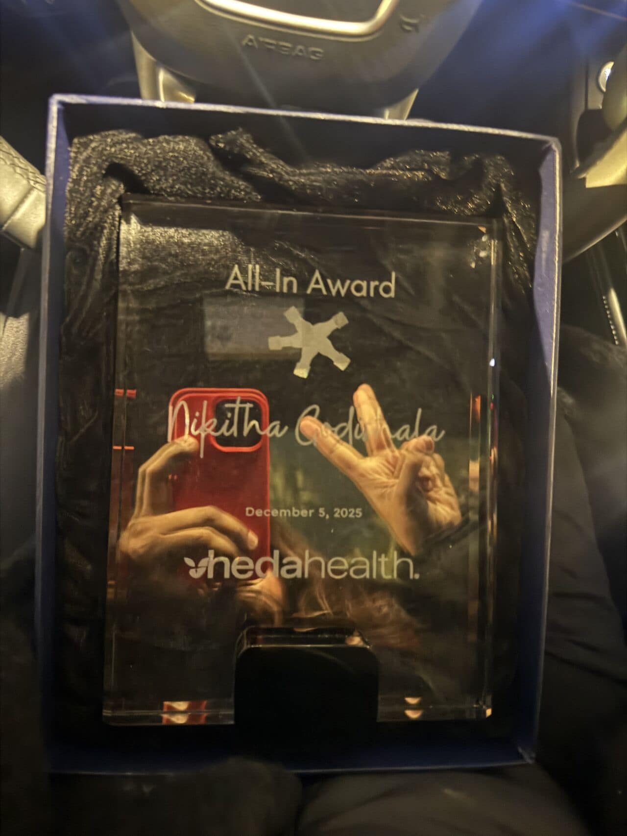 Nikita received the All-In Award at Vheda Health. Nikita received the All-In Award at Vheda Health.